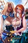  2girls big_breasts blue_eyes bottle breasts brown_eyes dark_skin freckles lips money_hold multiple_girls olchas pirate_costume red_hair white_hair 