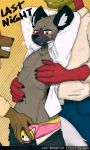  absurd_res aggressive_retsuko arms_above_head brown_fur bulge canine clothing dragon dress_shirt drunk faceless_male fur green_eyes grope haida hi_res hyena male male/male mammal navel owlalope red_scales redwolfxiii scales shirt underwear white_inner_ear 