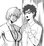  1girl against_wall assertive bakugou_masaru bakugou_mitsuki blush boku_no_hero_academia breasts collared_shirt commentary_request glasses greyscale hetero large_breasts monochrome open_mouth r-wade shirt short_hair sketch smile spiked_hair sweatdrop younger 