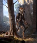  2018 anthro backpack barefoot black_nose blue_eyes building canine clothed clothing cloud coyote day detailed_background digital_media_(artwork) digitigrade jacket kohi_(waruikoohii) lofi male mammal outside sky smile solo standing tree tripod 