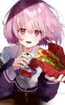 :d absurdres bangs bendy_straw blush button_gap collared_shirt dress_shirt drinking_straw elbows_on_table english eyebrows_visible_through_hair food hair_between_eyes heart heart_in_eye highres holding holding_food hot_dog jacket juice_box leaning_forward long_sleeves looking_at_viewer off_shoulder open_mouth pink_hair pomu_(pomu_me) pov_across_table purple_jacket red_eyes shinjou_akane shirt simple_background sleeves_past_wrists smile solo ssss.gridman symbol_in_eye unmoving_pattern white_background white_shirt 