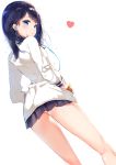  black_hair black_skirt blue_eyes blush cardigan dutch_angle earphones from_behind hands_in_pockets heart highres legs long_sleeves looking_at_viewer looking_back recotasan short_hair simple_background skirt solo ssss.gridman standing sweater takarada_rikka white_background white_cardigan white_sweater 