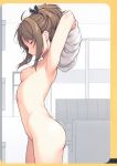  absurdres aho_chan armpits arms_up blush breasts brown_hair closed_eyes contrapposto cowboy_shot from_side giuniu highres indoors nipples nude original parted_lips ponytail profile scan sidelocks small_breasts solo undressing 