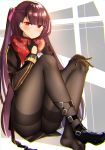  absurdres adjusting_neckwear ankle_strap ass bangs black_footwear black_legwear black_skirt blazer blush braid breasts chromatic_aberration commentary_request crossed_ankles eyebrows_visible_through_hair french_braid full_body girls_frontline gloves hair_ribbon half_updo hand_on_own_knee highres jacket knees_up large_breasts long_hair looking_at_viewer necktie one_side_up open_mouth pantyhose pink_ribbon pnatsu purple_hair red_eyes red_neckwear red_scarf ribbon scarf shirt shoe_strap shoes single_shoe sitting skirt snowflake_print solo thighband_pantyhose tsurime very_long_hair wa2000_(girls_frontline) 