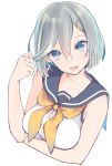  adapted_costume bare_arms blue_eyes breasts cropped_torso hair_ornament hairclip hamakaze_(kantai_collection) highres holding holding_hair kantai_collection large_breasts looking_at_viewer open_mouth sailor_collar short_hair silver_hair simple_background smile solo tebi_(tbd11) white_background yellow_neckwear 