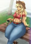  1girl applejack bench blonde_hair bracelet braid cleavage_cutout closed_mouth cowboy_hat crop_top denim grass green_eyes hat jeans jewelry long_hair midriff my_little_pony my_little_pony_equestria_girls navel orange_skin outdoors pants park_bench senria sitting smile solo strapless thick_thighs thighs tree wide_hips 