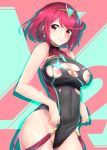  absurdres adjusting_clothes adjusting_swimsuit aqua_background bangs bare_shoulders black_swimsuit blush breasts casual_one-piece_swimsuit closed_mouth covered_navel cowboy_shot earrings eyebrows_visible_through_hair headpiece highres homura_(xenoblade_2) huge_filesize jewelry large_breasts looking_at_viewer nipples one-piece_swimsuit red_eyes red_hair rei_kun short_hair smile solo standing swept_bangs swimsuit tiara torn_clothes torn_swimsuit turtleneck xenoblade_(series) xenoblade_2 