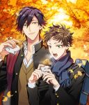  autumn bag black_hair blue_scarf bookbag brown_eyes brown_hair brown_vest copyright_request day food gakuran ginkgo_leaf holding holding_food male_focus multiple_boys official_art open_mouth outdoors scarf school_uniform standing taiyaki tree upper_body vest wagashi 