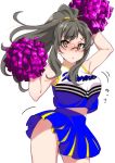  :o absurdres blush bouncing_breasts breasts brown_eyes cheerleader commentary_request embarrassed futaba_rio ganbare_ganbare_(itou_life) glasses grey_hair hands_up highres large_breasts long_hair looking_at_viewer midriff open_mouth pom_poms ponytail qumata seishun_buta_yarou simple_background skirt sleeveless solo white_background wind wind_lift 