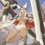  1girl absurdres beltbra breasts brown_eyes cape dark_skin enosan eyebrows_visible_through_hair feet guilty_gear guilty_gear_xrd hat highres large_breasts long_hair looking_at_viewer navel ramlethal_valentine short_shorts shorts solo strap thigh_strap toes white_hair 
