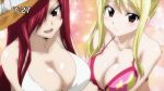  10s 2girls animated animated_gif bikini blonde_hair blush breasts brown_eyes cleavage erza_scarlet fairy_tail hat large_breasts long_hair lucy_heartfilia multiple_girls red_hair swimsuit teasing 