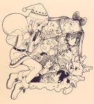  bell_(mujin_wakusei_survive) chako_(mujin_wakusei_survive) christmas cosplay gift highres howard kaoru_(mujin_wakusei_survive) luna_(mujin_wakusei_survive) menori monochrome mujin_wakusei_survive rakikoko sack santa_costume sharla shingo_(mujin_wakusei_survive) sketch sleeping 