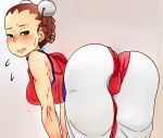  1girl artist_request ass bare_shoulders bent_over blush breasts brown_eyes brown_hair bun_cover cameltoe chinese_clothes double_bun embarrassed fatal_fury forehead from_behind king_of_fighters large_breasts li_xiangfei looking_at_viewer looking_back pants shiny shiny_skin short_hair sideboob solo sweatdrop the_king_of_fighters 