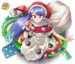  alternate_color anarogumaaa bangs blue_hair blush box closed_mouth commentary_request doremy_sweet dress eyebrows_visible_through_hair full_body gift gift_box hat holding long_hair outstretched_arm polka_dot pom_pom_(clothes) purple_eyes red_dress red_footwear red_hat sack santa_costume santa_hat shoes simple_background smile snowflakes solo swept_bangs touhou very_long_hair white_background wreath 
