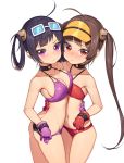  absurdres ahoge ass asymmetrical_docking azur_lane bikini blush breast_press breasts brown_hair choker cleavage collarbone commentary contrapposto cowboy_shot eyewear_on_head from_side gloves hair_rings halterneck highres hip_bones long_hair looking_at_viewer medium_breasts mokew multiple_girls navel ning_hai_(azur_lane) ping_hai_(azur_lane) purple_bikini purple_eyes purple_gloves purple_hair red_bikini red_eyes red_gloves ribbon-trimmed_bikini simple_background swimsuit twintails very_long_hair visor_cap wavy_mouth white_background 