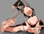  1girl barefoot black_hair breasts face_mask feet hair_over_one_eye large_breasts mask purple_eyes soles stretching toes 