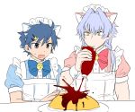  animal_ears azmy_(nyanbou) blue_eyes blue_hair braid cat_ears cat_hair_ornament crossdressing enmaided fake_animal_ears food hair_ornament hairclip idolmaster idolmaster_side-m ketchup ketchup_bottle kizaki_ren looking_down maid maid_headdress male_focus multiple_boys omelet silver_hair taiga_takeru twin_braids yellow_eyes 