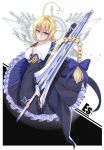  ahoge blazblue blazblue:_cross_tag_battle blonde_hair blue_bow blue_eyes blush bow braid breasts character_name dress es_(xblaze) frills hair_bow highres holding holding_sword holding_weapon huge_ahoge large_breasts long_braid long_hair long_sleeves looking_at_viewer mukatsukulsp necktie single_braid solo sword weapon white_background xblaze xblaze_code:_embryo 