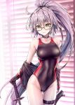  ahoge ass_visible_through_thighs bangs black_gloves black_jacket blinds blush breasts brown-framed_eyewear choker collarbone commentary_request competition_swimsuit covered_navel eyebrows_visible_through_hair fate/grand_order fate_(series) glasses gloves groin hair_between_eyes hand_on_hilt hand_on_sword highleg highleg_swimsuit highres indoors jacket jeanne_d'arc_(alter_swimsuit_berserker) jeanne_d'arc_(fate)_(all) katana kotatsu_(kotatsu358) large_breasts light_particles long_hair looking_at_viewer one-piece_swimsuit parted_lips ponytail purple_hair sheath shrug_(clothing) sidelocks skindentation solo swimsuit sword thigh_strap very_long_hair weapon yellow_eyes 