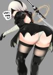  1girl android artist_request ass black_dress black_hairband blindfold cameltoe dress from_behind gloves hairband leotard looking_at_viewer nier_(series) nier_automata shiny shiny_hair short_hair solo sword thighhighs weapon white_hair yorha_no._2_type_b 