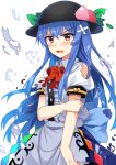  arm_grab bandaid bangs bare_shoulders black_hat blouse blue_hair blue_skirt blush bow bowtie center_frills commentary_request cowboy_shot e.o. eyebrows_visible_through_hair food fruit grabbing_own_arm hair_between_eyes hat highres hinanawi_tenshi leaf long_hair looking_at_viewer open_mouth peach puffy_short_sleeves puffy_sleeves red_bow red_eyes red_neckwear short_sleeves sidelocks simple_background skirt solo tears torn_blouse torn_bow touhou v-shaped_eyebrows very_long_hair white_background white_blouse wing_collar 