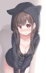  animal_ears animal_hood bangs black_hoodie blush breasts brown_hair cat_ears cat_hood cleavage closed_mouth collarbone commentary_request drawstring eyebrows_visible_through_hair hair_between_eyes head_tilt hood hoodie keiran_(ryo170) leaning_forward long_hair long_sleeves looking_at_viewer medium_breasts naked_hoodie nose_blush original red_eyes sidelocks solo standing v-shaped_eyebrows 