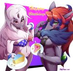  2018 absol anthro anthrofied bikini breasts cake canine clothing eating female food fur green_eyes grey_fur hair looking_at_viewer mammal nintendo pok&eacute;mon pok&eacute;mon_(species) red_eyes red_hair simple_background skykain standing swimsuit text tongue video_games white_fur white_hair zoroark 