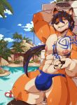 2018 5_fingers abs alty amber_eyes anthro black_hair black_nose blue_hair bulge canine chest_tuft clothed clothing digital_media_(artwork) fox fur grin hair hand_behind_head life_preserver long_hair looking_at_viewer male mammal mucsular_male multicolored_hair muscular myiko nipples outside palm_tree pecs pink_nipples poolside resort shower skimpy smile solo speedo standing swimming_pool swimsuit tattoo tree tribal_tattoo tuft two_tone_hair umbrella wet wet_fur wet_hair 