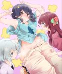  araco armpits assisted_exposure black_hair blue_eyes blush brown_eyes brown_hair clenched_teeth flower groin hair_flower hair_ornament highres konno_junko long_hair midriff minamoto_sakura mizuno_ai multiple_girls navel pants short_hair silver_hair smelling steam sweatpants teeth zombie_land_saga 