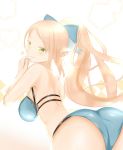  1girl artist_request ass bare_shoulders bikini blonde_hair blush bow breasts elf from_behind green_eyes hair_bow king&#039;s_raid large_breasts long_hair looking_at_viewer looking_back pointy_ears ponytail selene_(king&#039;s_raid) sideboob smile solo swimsuit 