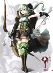  :d armpits arrow asymmetrical_sleeves blood boots bow bow_(weapon) cloak dice elf full_body gloves goblin_slayer! green_eyes green_hair hair_bow high_elf_archer_(goblin_slayer!) holding holding_weapon hood hooded_cloak long_hair low_ponytail open_mouth outstretched_arm pointy_ears pouch shorts sidelocks sleeveless smile solo tagame_(tagamecat) weapon zoom_layer 