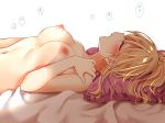  ayase_eli bed_sheet blonde_hair blush breasts closed_eyes hand_on_own_shoulder implied_sex large_breasts long_hair love_live! love_live!_school_idol_project lying mogu_(au1127) navel nipples nude open_mouth pillow simple_background solo upper_body white_background 