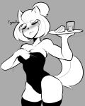  2018 blush breasts canine claire_(spikedmauler) cleavage clothed clothing dialogue dog english_text eyes_closed female food glass grey_background hair hair_bun holding_object legwear leotard mammal monochrome onomatopoeia shiba_inu short_hair simple_background solo sound_effects spikedmauler text thigh_highs tray 