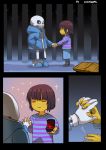  artist_name black_background black_sclera blue_footwear blue_hoodie blush_stickers bridge comic forest frisk_(undertale) heart highres holding_hands kuangtai nature proposal red_heart sans shirt skeleton slippers socks sparkle striped striped_shirt undertale yellow_skin 