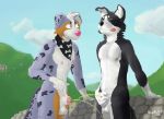  2018 animal_genitalia anthro australian_shepherd balls bandanna border_collie canine collie digital_media_(artwork) dog duo flugeldog fur male mammal marking_territory nipples nude outside peeing penis sheath smile tongue urine white_fur 