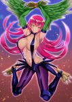  armpits arms_up bangs bare_shoulders blush breasts claws closed_mouth commentary_request duel_monster fang feathered_wings full_body gradient gradient_background green_eyes hair_between_eyes harpie_lady harpy highres large_breasts legs_apart long_hair looking_at_viewer monster_girl navel pink_hair pointy_ears purple_legwear shiny shiny_skin slingshot_swimsuit smile solo stomach swimsuit takecha talons very_long_hair wings yuu-gi-ou 