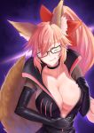  absurdres animal_ears black_choker bow breasts choker cleavage elbow_gloves fate/grand_order fate_(series) fox_ears fox_tail gloves hair_between_eyes hair_bow hair_over_one_eye highres kukyuu_no_ue large_breasts licking_lips long_hair looking_at_viewer one_eye_closed ponytail red_bow self_exposure solo tail tamamo_(assassin)_(fate) tamamo_(fate)_(all) tongue tongue_out unzipping yellow_eyes 