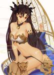  animal anklet bandeau bangs bare_shoulders black_gloves black_hair black_legwear black_panties black_ribbon breasts cleavage collarbone commentary earrings elbow_gloves fate/grand_order fate_(series) gloves hair_ribbon highres hoop_earrings ishtar_(fate/grand_order) jewelry kamikakushi_no_ocarino large_breasts lion long_hair looking_down navel no_pants open_mouth panties parted_bangs red_eyes revealing_clothes ribbon seiza single_glove single_thighhigh sitting solo strap_pull thighhighs tiara twintails underwear very_long_hair 