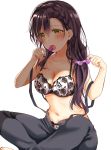  bare_shoulders black_pants blush bra braid breasts candy cleavage collarbone floral_print food hair_between_eyes hair_ornament hair_scrunchie highres holding_lollipop hot lollipop long_hair looking_at_viewer love_live! love_live!_school_idol_project medium_breasts mogu_(au1127) panties pants purple_hair scrunchie shade simple_background sitting solo toujou_nozomi unbuttoned underwear white_background white_bra white_panties yellow_eyes 