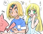  1girl black_hair blonde_hair brown_eyes commentary_request green_eyes lillie_(pokemon) muraziti-zu pokemon pokemon_(anime) pokemon_sm_(anime) rotom rotom_dex satoshi_(pokemon) wig 