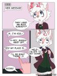  2018 alistair_cherrywood_(blossom) antlers bandage blue_eyes bow_tie cervine clothed clothing comic dialogue english_text fur girly hair horn male mammal multicolored_fur open_mouth pink_fur smile text two_tone_fur white_fur white_hair yaoimeowmaster 