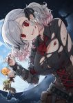  :d absurdres armor backlighting belt_pouch blood blood_on_face bloody_clothes breasts character_doll cleavage cloud cloudy_sky commentary_request crazy_eyes crazy_smile cross-laced_clothes dutch_angle full_moon girls_frontline grey_hair head_tilt highres huge_filesize huge_moon jack-o'-lantern large_breasts moon moonlight night night_sky open_mouth pouch pumpkin red_eyes red_neckwear sar-21_(girls_frontline) shirt sky smile spas-12_(girls_frontline) star_(sky) starry_sky tac-50_(girls_frontline) terras torn_clothes 