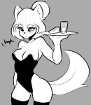  2018 areola breasts canine claire_(spikedmauler) cleavage clothed clothing dialogue dog english_text exposed_breasts female food glass grey_background hair hair_bun holding_object legwear leotard looking_down mammal monochrome shiba_inu short_hair simple_background solo spikedmauler text thigh_highs tray 