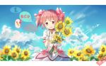  :d absurdres aircraft airplane blue_sky blush bubble_skirt cat choker cloud cloudy_sky condensation_trail day eyebrows_visible_through_hair field finger_to_cheek flat_chest flower gloves hair_ribbon happy highres holding holding_flower kaname_madoka mahou_shoujo_madoka_magica open_mouth outdoors pencil pink_choker pink_eyes pink_hair pink_neckwear pink_ribbon polka_dot polka_dot_background puffy_short_sleeves puffy_sleeves ribbon short_sleeves skirt sky smile solo speech_bubble sunflower translated twintails upper_teeth white_gloves yellow_flower 