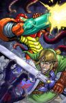  1boy 1girl arm_cannon armor blonde_hair claws company_connection crossover energy fingerless_gloves gloves glowing hat kaiju_samurai link master_sword metroid nintendo power_suit samus_aran shield sword tentacle the_legend_of_zelda tunic weapon 