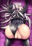  1girl artist_request ass ass_focus doggystyle elsword eve_(elsword) fat_mons female full_body highres huge_ass leotard leotard_aside long_hair nude on_bed pussy shiny shiny_skin smile solo solo_focus white_hair wide_hips yellow_eyes 