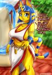  animal_crossing ankha_(animal_crossing) anthro big_breasts breasts cleavage clothed clothing dialogue egyptian english_text felid feline female jespassinthrough_(artist) jewelry looking_at_viewer mammal nintendo open_mouth outside solo standing text under_boob video_games 
