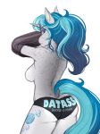  anthro askbubblelee blue_hair bubble_lee_(character) butt catnamedfish clothing cutie_mark equine fan_character female freckles hair hi_res horn mammal my_little_pony pose seaside solo unicorn 