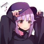  1girl :3 arms_up black_coat black_surgical_mask character_name chromatic_aberration closed_mouth color_guide dated hands_on_headwear hat highres idolmaster idolmaster_cinderella_girls koshimizu_sachiko lavender_hair long_sleeves madarame_(mdrm89) purple_hat red_eyes short_hair simple_background sleeves_past_wrists solo surgical_mask white_background 