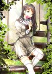  black_footwear black_hair blue_eyes brown_hair flower hand_up highres holding holding_flower konekoneko_(indonesia) long_hair looking_at_viewer original school_uniform sitting sitting_on_stairs skirt solo stairs thighhighs white_legwear 